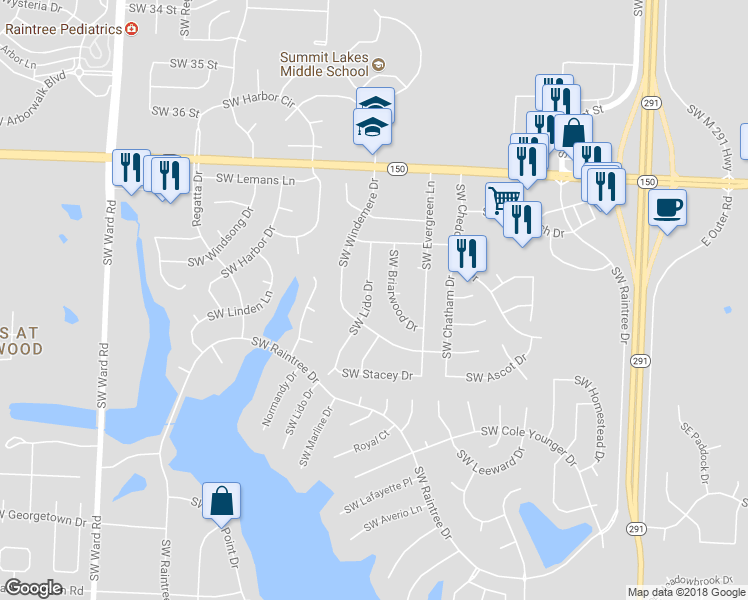 map of restaurants, bars, coffee shops, grocery stores, and more near 3817 Southwest Lido Drive in Lee's Summit