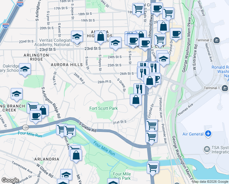 map of restaurants, bars, coffee shops, grocery stores, and more near 2735 South Grove Street in Arlington