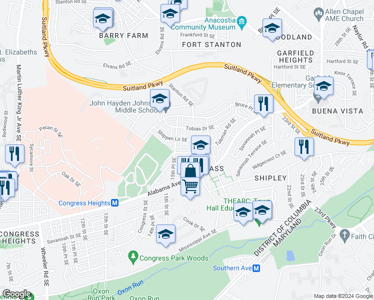 map of restaurants, bars, coffee shops, grocery stores, and more near 1522 Tubman Road Southeast in Washington
