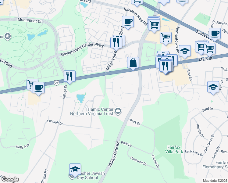 map of restaurants, bars, coffee shops, grocery stores, and more near 4399 Strawflower Street in Fairfax