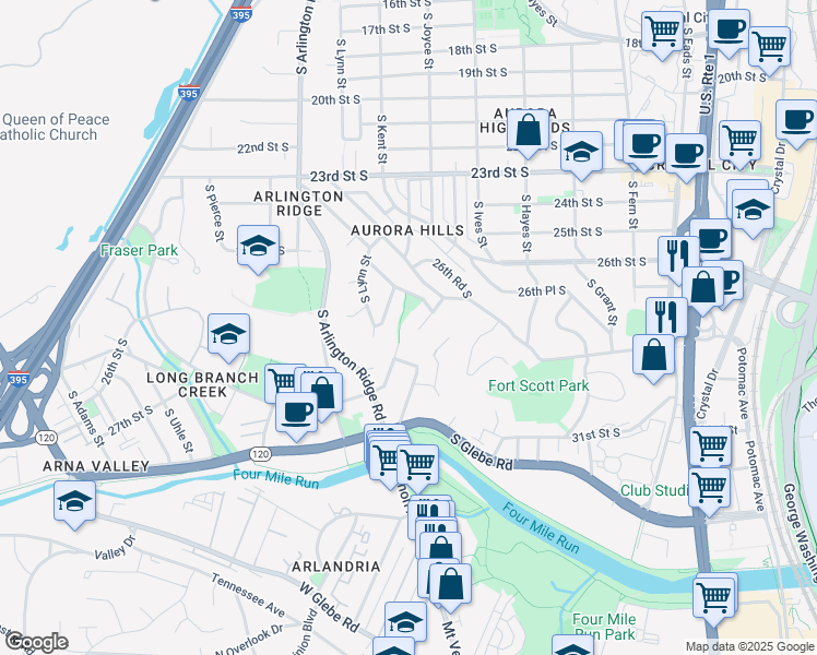map of restaurants, bars, coffee shops, grocery stores, and more near 2618 South Joyce Street in Arlington