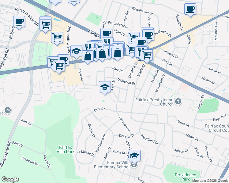 map of restaurants, bars, coffee shops, grocery stores, and more near 4109 Fern Street in Fairfax