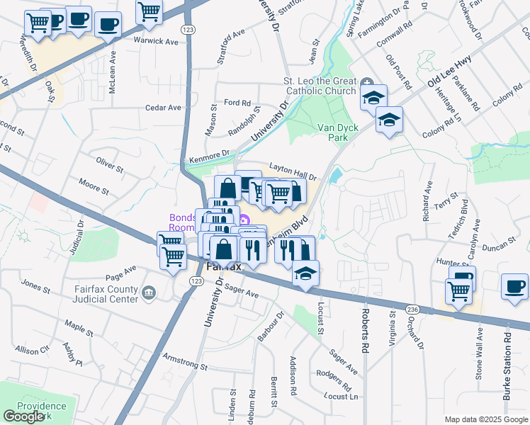 map of restaurants, bars, coffee shops, grocery stores, and more near 10300 Willard Way in Fairfax