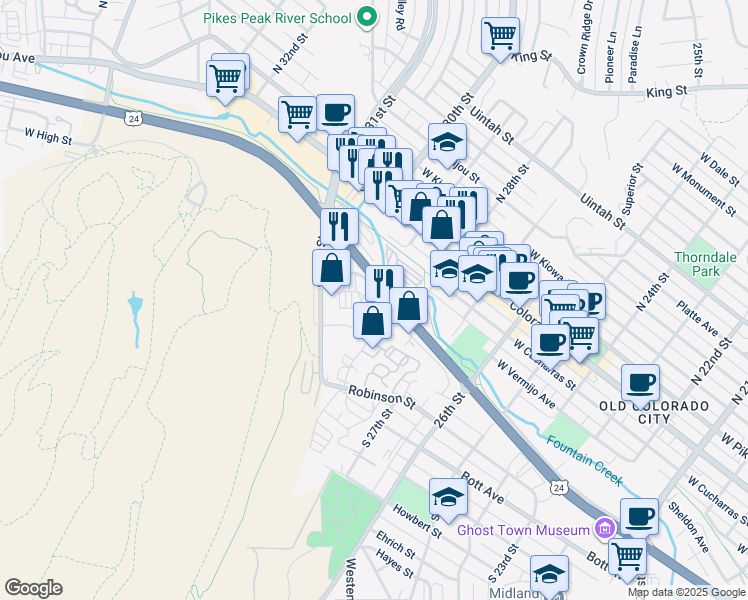 map of restaurants, bars, coffee shops, grocery stores, and more near 2821 Ore Mill Road in Colorado Springs