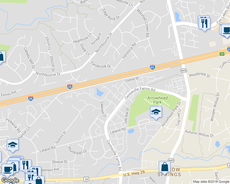 map of restaurants, bars, coffee shops, grocery stores, and more near 13542 Stargazer Terrace in Centreville