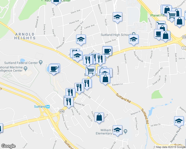 map of restaurants, bars, coffee shops, grocery stores, and more near 4809 Suitland Road in Suitland-Silver Hill