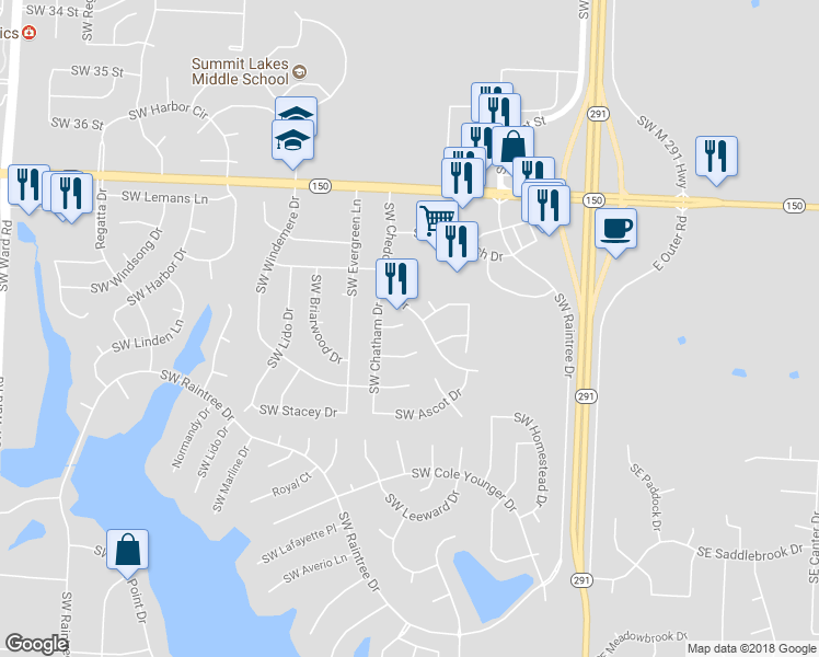 map of restaurants, bars, coffee shops, grocery stores, and more near 301 Southwest Chatham Circle in Lee's Summit
