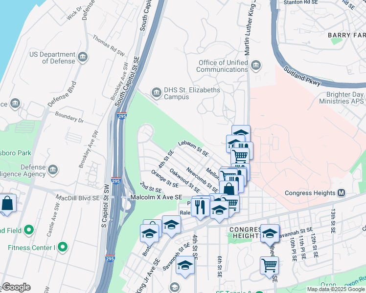 map of restaurants, bars, coffee shops, grocery stores, and more near 404 Mellon Street Southeast in Washington