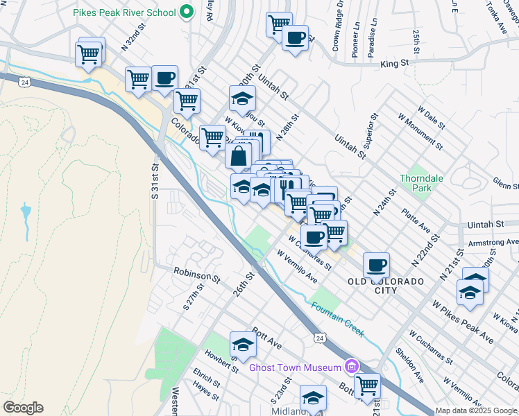 map of restaurants, bars, coffee shops, grocery stores, and more near 2704 West Cucharras Street in Colorado Springs