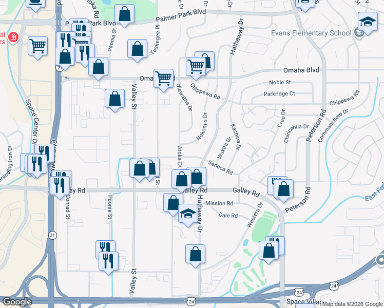 map of restaurants, bars, coffee shops, grocery stores, and more near 6728 Seneca Road in Colorado Springs