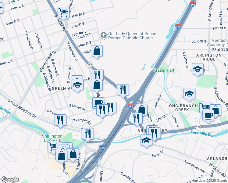 map of restaurants, bars, coffee shops, grocery stores, and more near 2400 South Glebe Road in Arlington