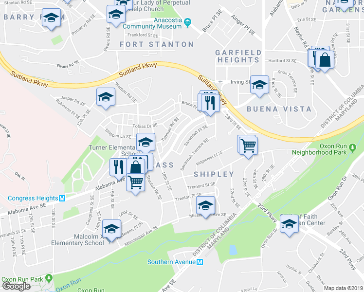 map of restaurants, bars, coffee shops, grocery stores, and more near 1888 Savannah Place Southeast in Washington