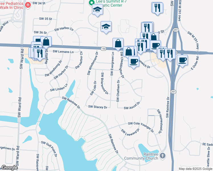 map of restaurants, bars, coffee shops, grocery stores, and more near 3833 Southwest Briarwood Circle in Lee's Summit