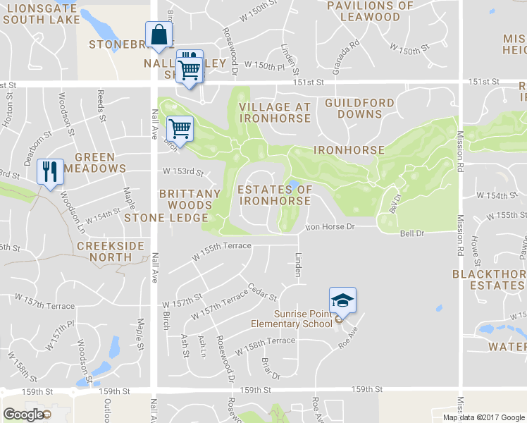 map of restaurants, bars, coffee shops, grocery stores, and more near 15411 Iron Horse Circle in Overland Park