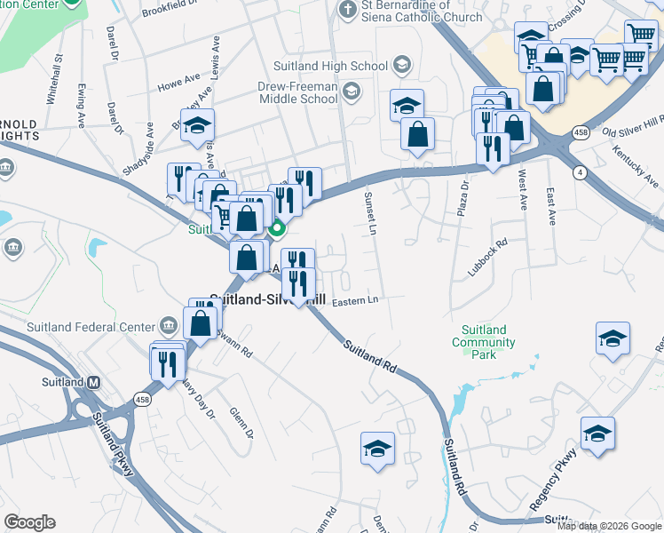 map of restaurants, bars, coffee shops, grocery stores, and more near 3000 Victory Lane in Suitland-Silver Hill