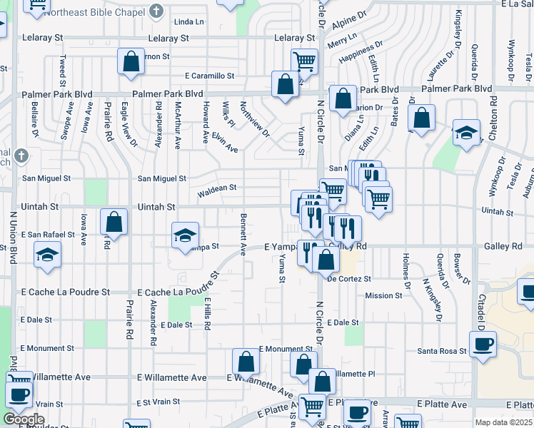 map of restaurants, bars, coffee shops, grocery stores, and more near 2617 East Uintah Street in Colorado Springs