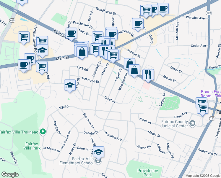 map of restaurants, bars, coffee shops, grocery stores, and more near 4030 Poplar Street in Fairfax