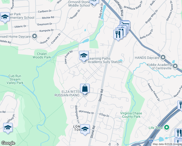 map of restaurants, bars, coffee shops, grocery stores, and more near 5814 Belcher Farm Drive in Centreville