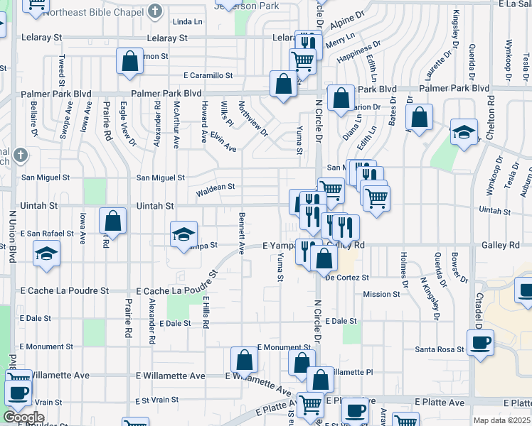 map of restaurants, bars, coffee shops, grocery stores, and more near 2617 East Uintah Street in Colorado Springs