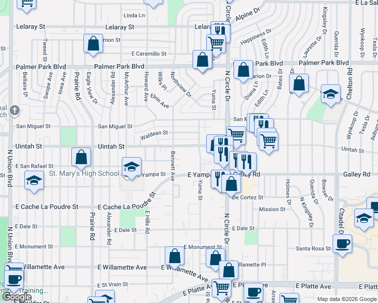 map of restaurants, bars, coffee shops, grocery stores, and more near 2617 East Uintah Street in Colorado Springs