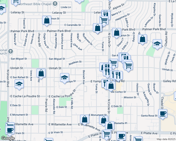 map of restaurants, bars, coffee shops, grocery stores, and more near 2617 East Uintah Street in Colorado Springs
