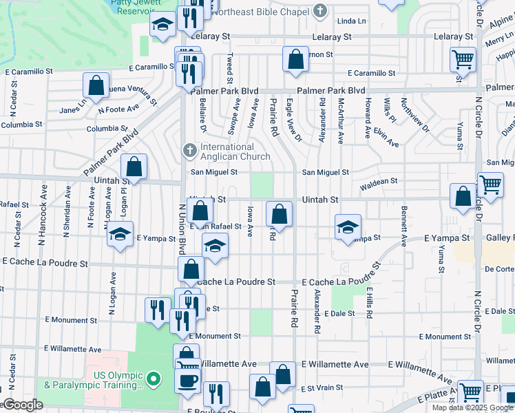 map of restaurants, bars, coffee shops, grocery stores, and more near 1125 Iowa Avenue in Colorado Springs