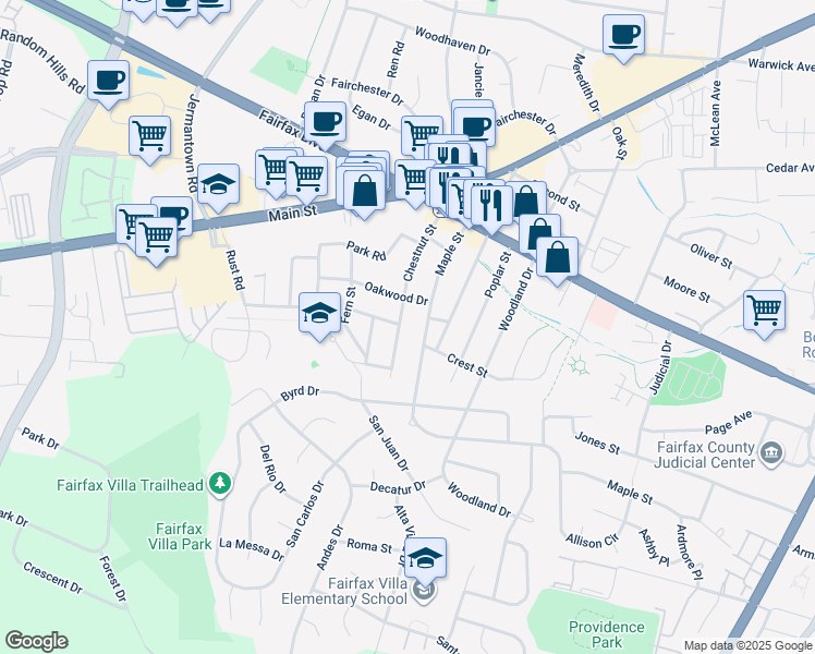 map of restaurants, bars, coffee shops, grocery stores, and more near 4041 Chestnut Street in Fairfax
