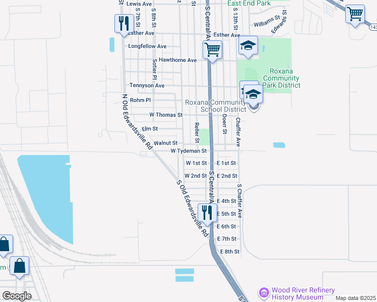 map of restaurants, bars, coffee shops, grocery stores, and more near 147 West Tydeman Street in Roxana
