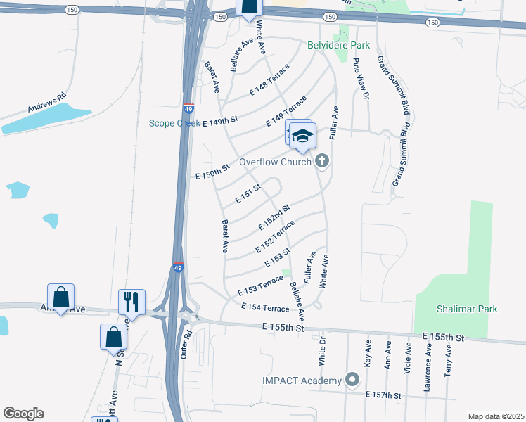 map of restaurants, bars, coffee shops, grocery stores, and more near 6021 East 151 Terrace in Grandview