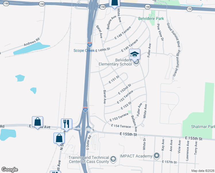 map of restaurants, bars, coffee shops, grocery stores, and more near 6006 East 151 Terrace in Grandview