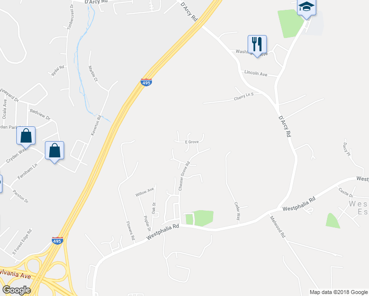map of restaurants, bars, coffee shops, grocery stores, and more near 3019 South Grove in Upper Marlboro