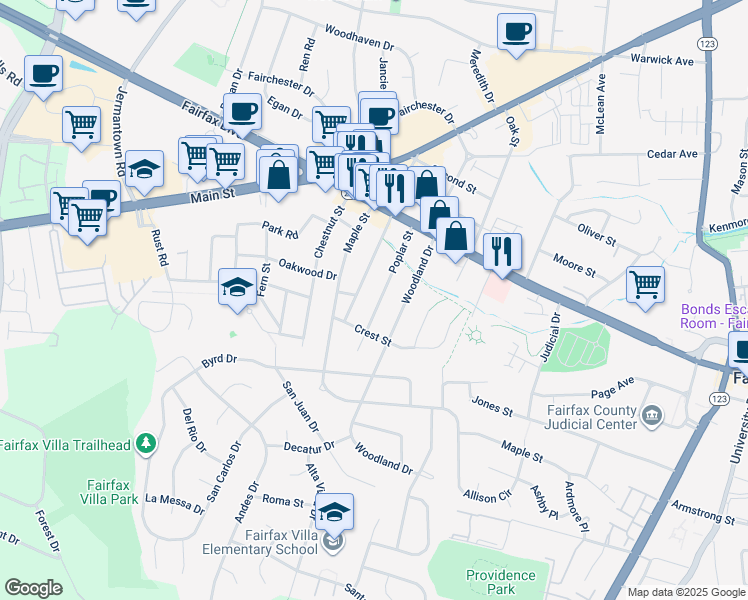 map of restaurants, bars, coffee shops, grocery stores, and more near 4030 Poplar Street in Fairfax