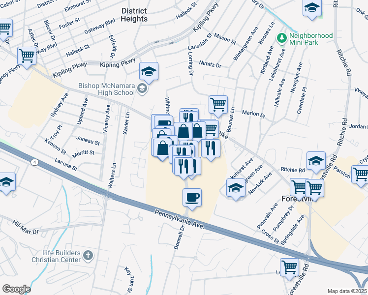 map of restaurants, bars, coffee shops, grocery stores, and more near 3024 Donnell Drive in Forestville