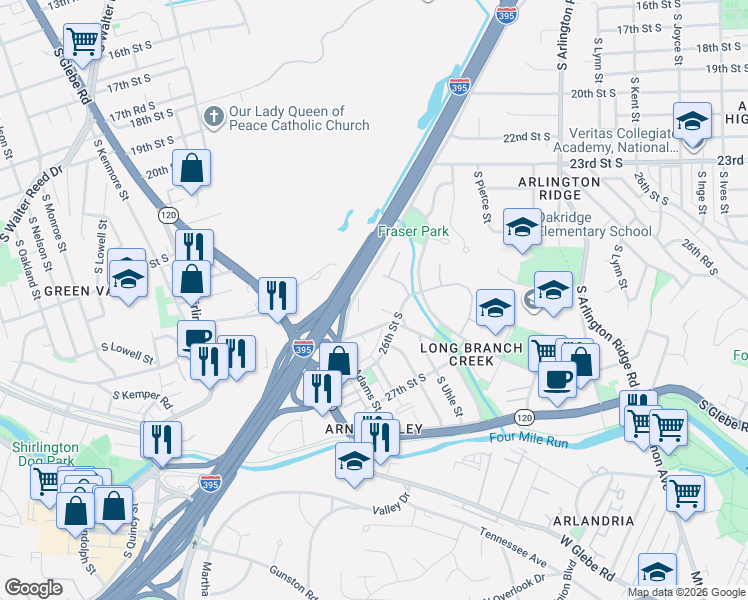 map of restaurants, bars, coffee shops, grocery stores, and more near 2445 Army Navy Drive in Arlington
