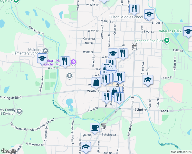 map of restaurants, bars, coffee shops, grocery stores, and more near 518 Jefferson Street in Fulton