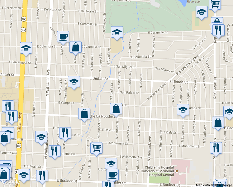 map of restaurants, bars, coffee shops, grocery stores, and more near 1030 North Institute Street in Colorado Springs
