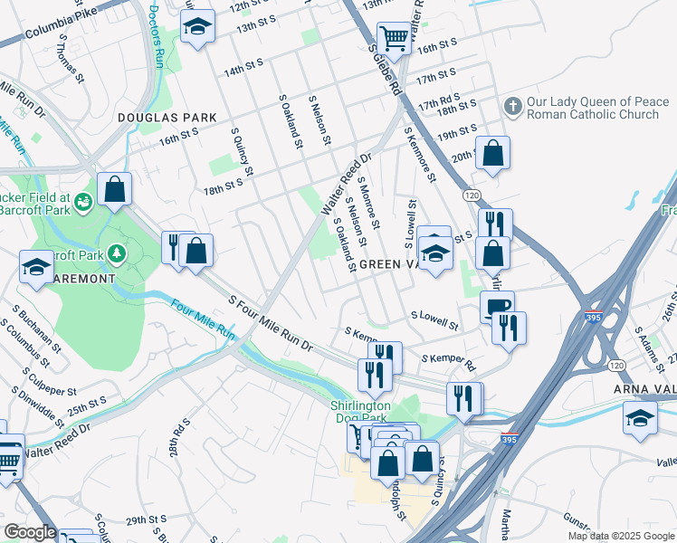 map of restaurants, bars, coffee shops, grocery stores, and more near 2135 S Oxford St in Arlington