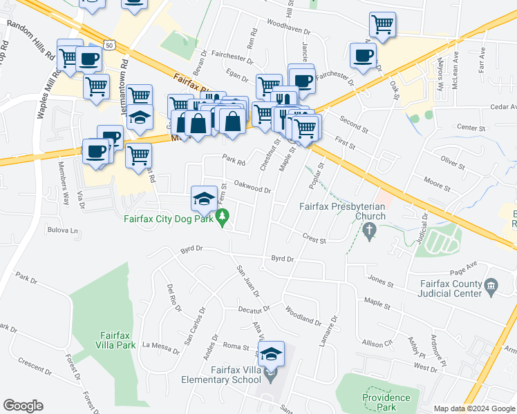 map of restaurants, bars, coffee shops, grocery stores, and more near 4041 Chestnut Street in Fairfax
