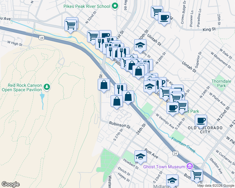 map of restaurants, bars, coffee shops, grocery stores, and more near 2821 Ore Mill Road in Colorado Springs