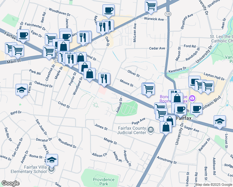 map of restaurants, bars, coffee shops, grocery stores, and more near 10661 Yorktown Drive in Fairfax