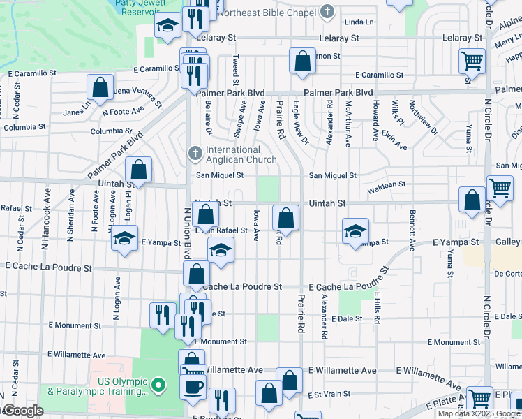 map of restaurants, bars, coffee shops, grocery stores, and more near 1125 Iowa Avenue in Colorado Springs