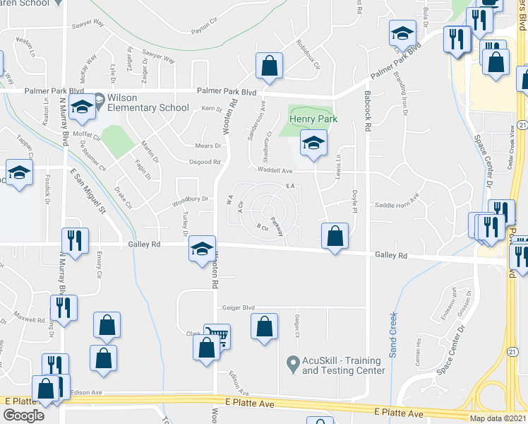 map of restaurants, bars, coffee shops, grocery stores, and more near 545 Brass Eagle Lane in Colorado Springs