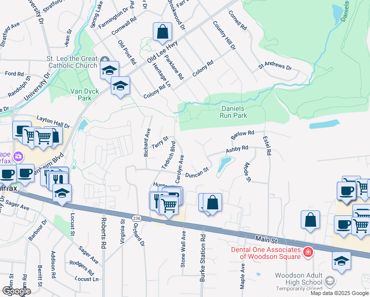 map of restaurants, bars, coffee shops, grocery stores, and more near 3807 Carolyn Avenue in Fairfax
