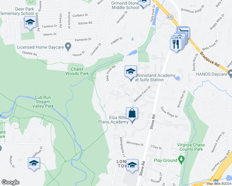 map of restaurants, bars, coffee shops, grocery stores, and more near 14718 Grobie Pond Lane in Centreville
