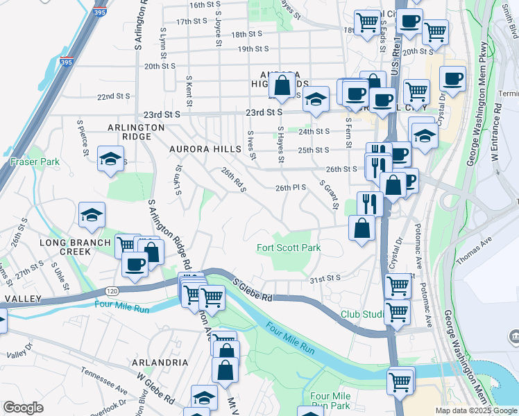 map of restaurants, bars, coffee shops, grocery stores, and more near 2746 South Fort Scott Drive in Arlington