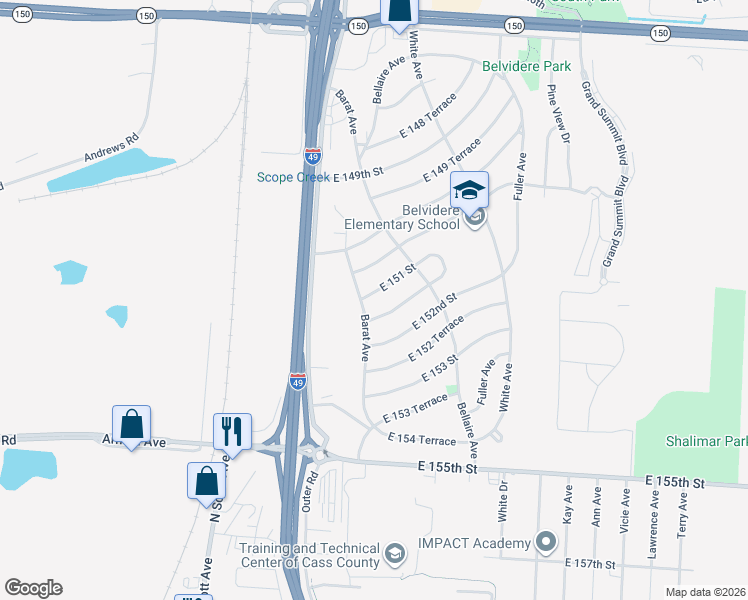 map of restaurants, bars, coffee shops, grocery stores, and more near 6006 East 151 Terrace in Grandview