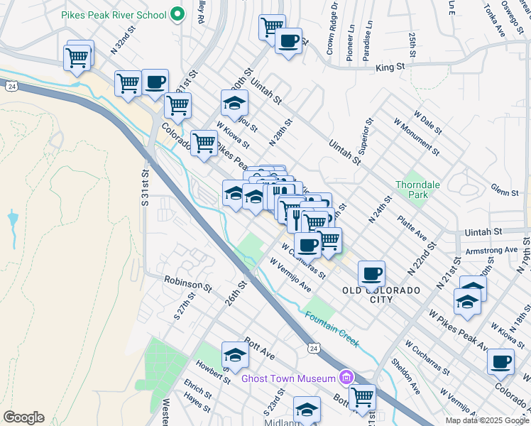 map of restaurants, bars, coffee shops, grocery stores, and more near 2617 West Colorado Avenue in Colorado Springs