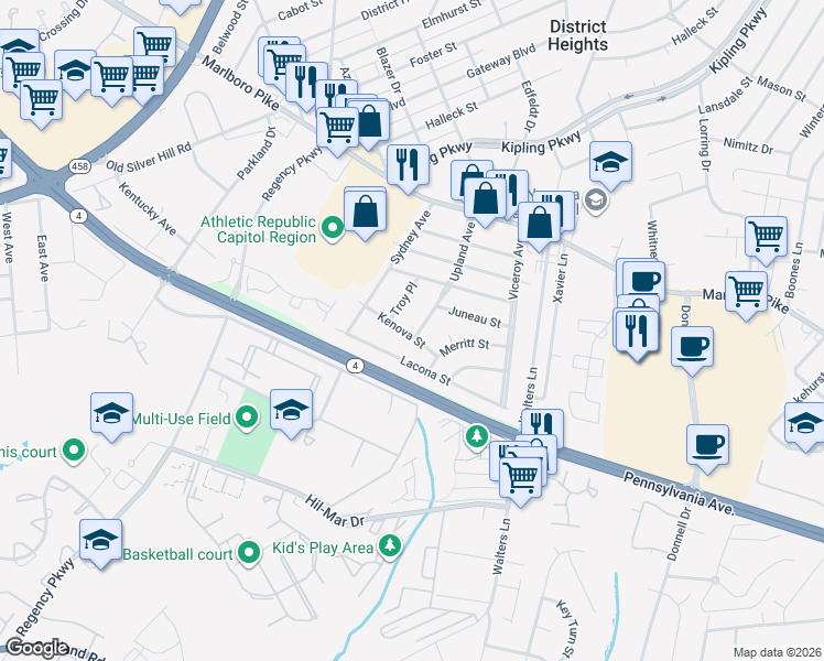 map of restaurants, bars, coffee shops, grocery stores, and more near 6518 Kenova Street in District Heights
