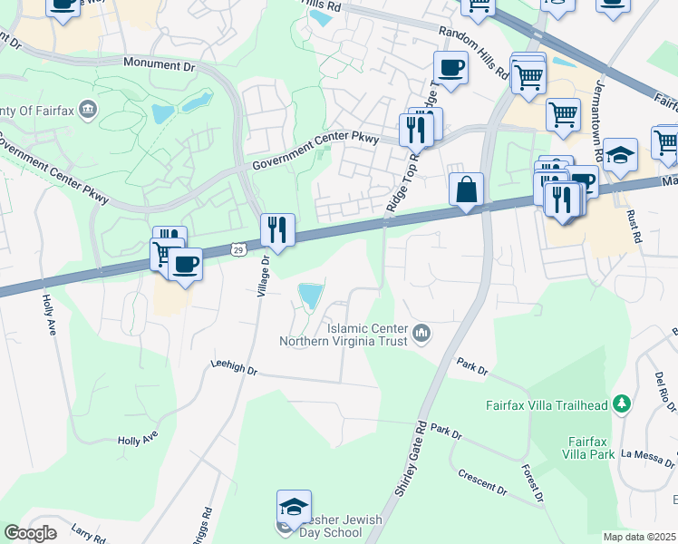 map of restaurants, bars, coffee shops, grocery stores, and more near 4320 Forest Hill Drive in Fairfax
