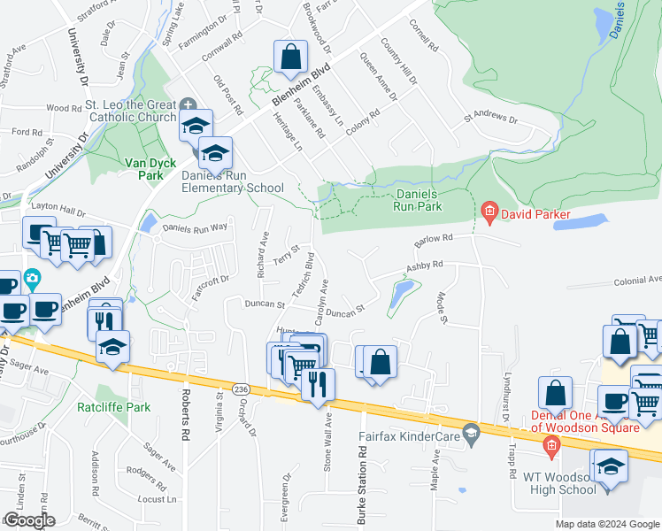 map of restaurants, bars, coffee shops, grocery stores, and more near 3807 Carolyn Avenue in Fairfax